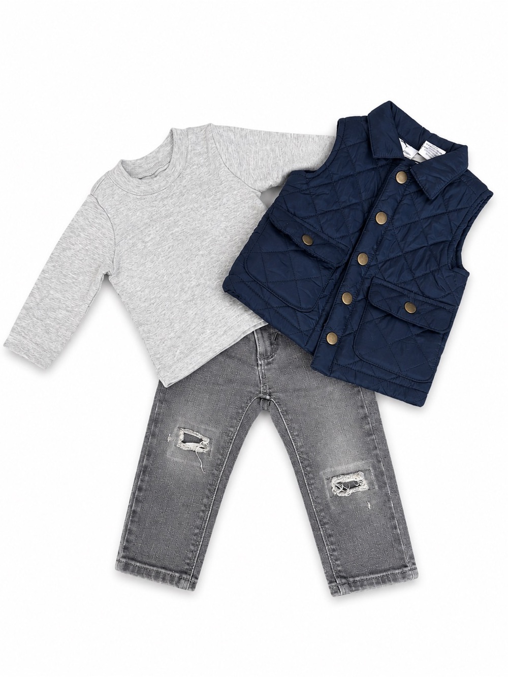 Toddler Quilted Navy Vest & Gray Top Outfit